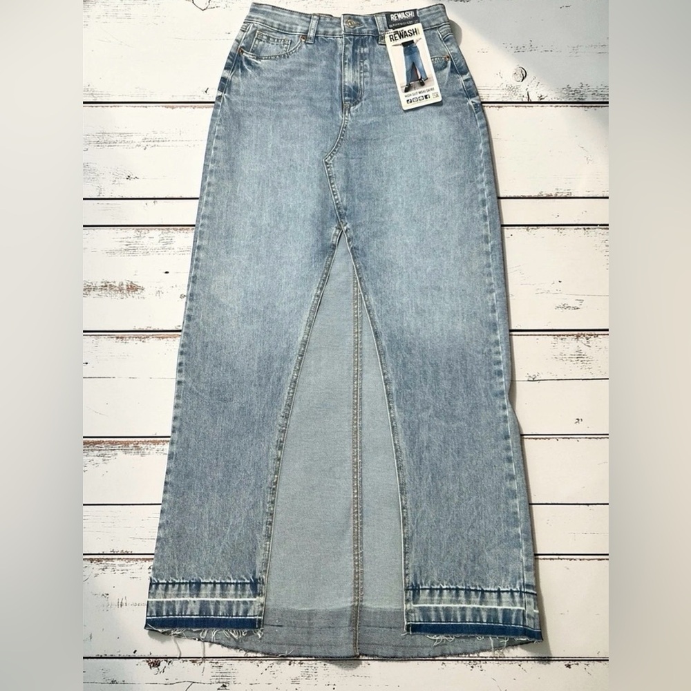 Y2K Indie Sleaze Denim Maxi Skirt Sz 5 Stretch Slit Light Wash Raw Hem 28 x 41